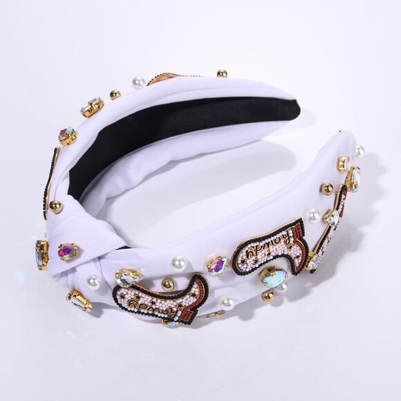 Western Cowgirl Headband Beaded Rhinestone Pearl Top Knot for Country Concert main image 4